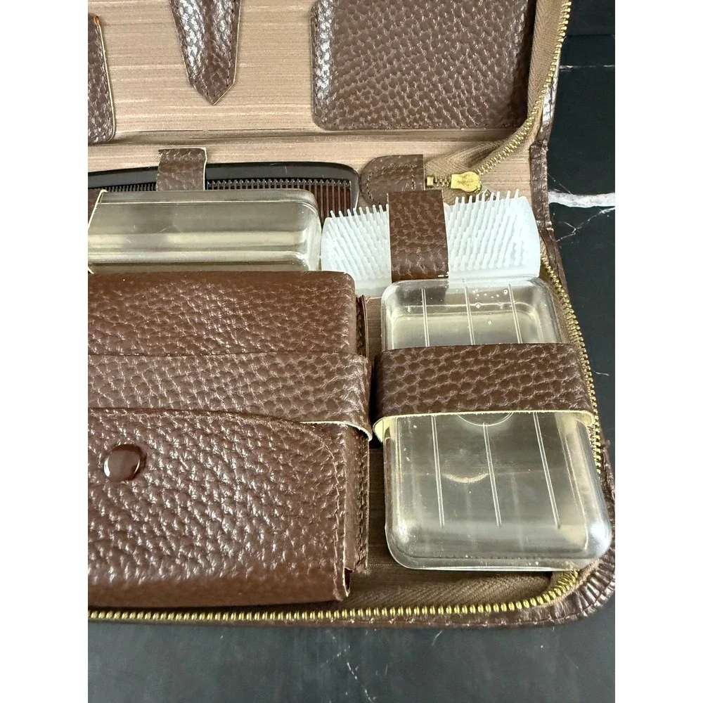 VTG NEW Brown Leather Trimmed Mens Grooming Manicure Set Made in Germany